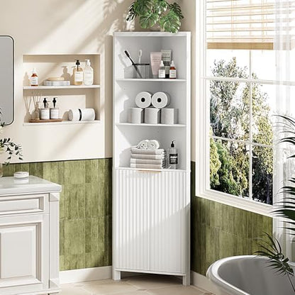 VINGLI Tall Corner Cabinet with Fluted Doors, 68" White Corner Storage Cabinet with Adjustable Shelves, Freestanding Wood Corner Bookshelf for Bathroom, Living Room & Kitchen, Space-Saving