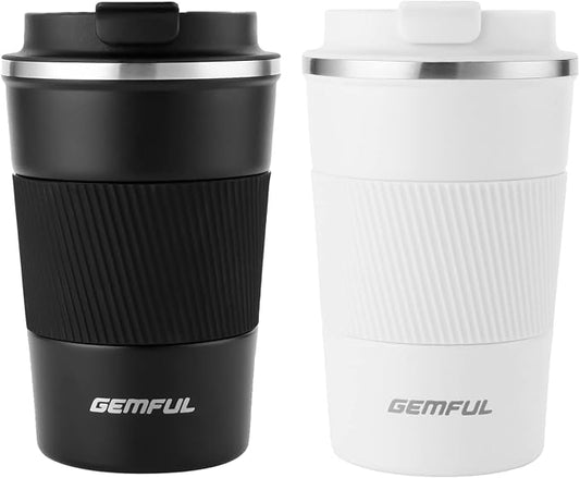 GEMFUL Leak Proof Coffee Travel Mug with Lid 13 oz Insulated Vacuum Stainless Steel Coffee Tumbler Spill Proof for Hot Cold Drinks Car Office School Party Camping (2 Pack)
