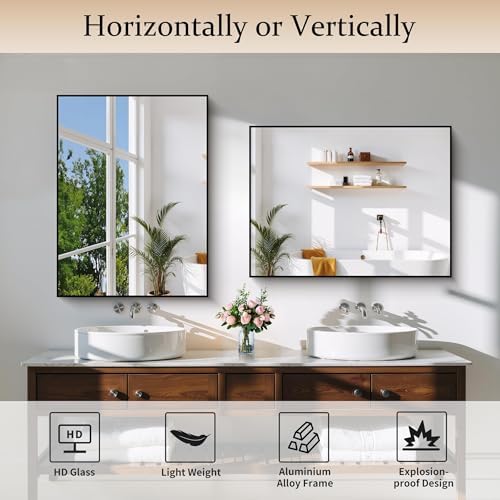 COFENY Black Bathroom Mirror for Wall, 24x32 Inch Rectangle Mirror with Metal Frame, Modern Vanity Mirrors for Bathroom Living Room, Entryway Hangs Horizontal or Vertical