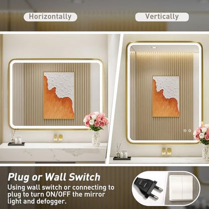 28x36 Inch LED Gold Frame Lighted Bathroom Mirror,3-Color