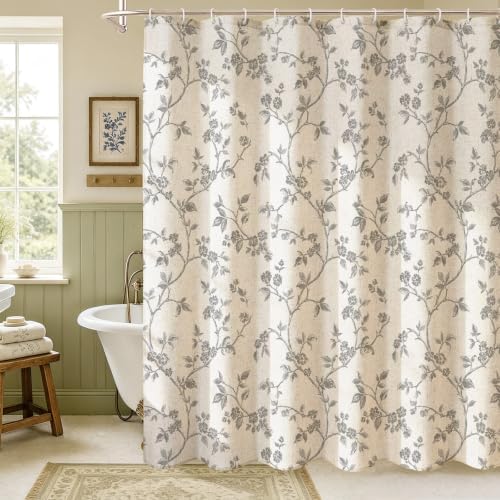 MitoVilla Grey Linen Floral Shower Curtain for Bathroom, 72 x 72