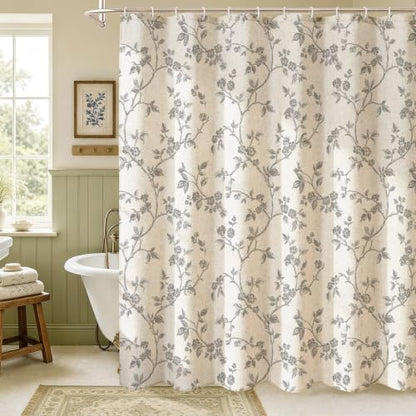 MitoVilla Grey Linen Floral Shower Curtain for Bathroom, 72 x 72
