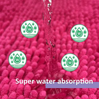 Deep Pink Plush Bath Set - 3 Piece Anti-Slip Mats, Soft Chenille Shaggy Mat for Bathroom, Bedroom & Living Room, Water Absorbent