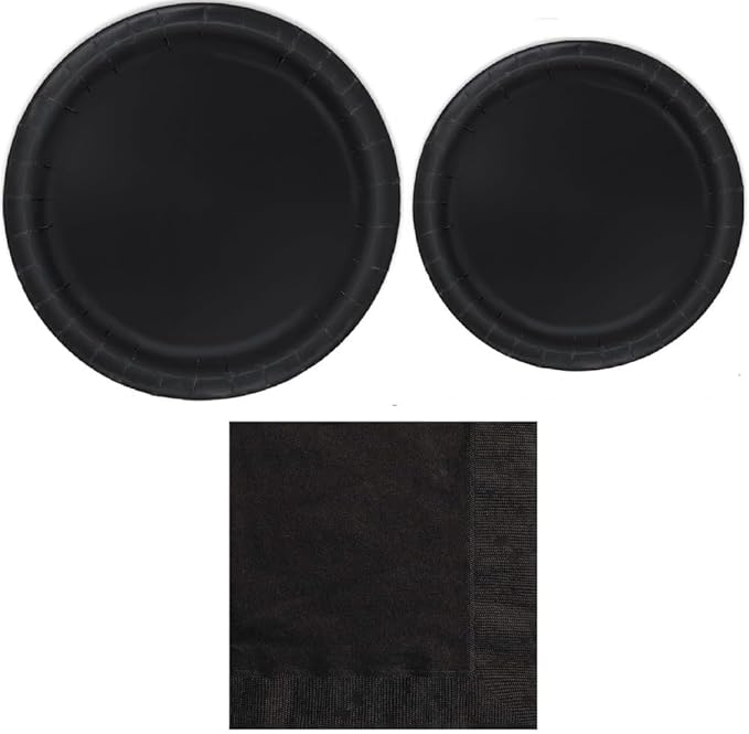 Heavy Duty Black Paper Plate Party Supplies Bundle 9" Dinner plate, 7" Dessert Plates And Napkins, 56 Piece Disposable Paper Party Plate Set