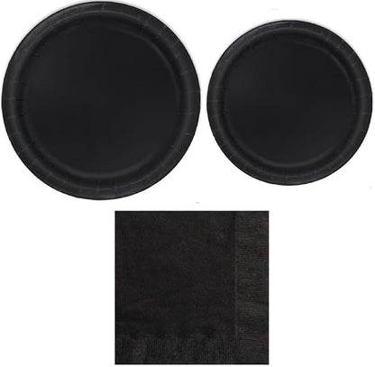 Heavy Duty Black Paper Plate Party Supplies Bundle 9" Dinner plate, 7" Dessert Plates And Napkins, 56 Piece Disposable Paper Party Plate Set