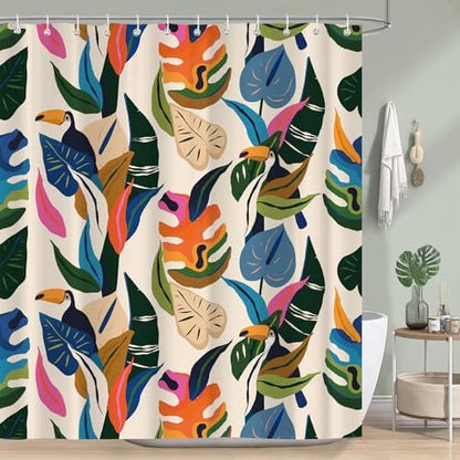 Colorful Leaf Shower Curtain, Boho Bird Abstract Art Jungle Plant Bathroom Curtain with 12 Hooks, Modern Asthetic Waterproof Polyester Fabric Bathroom Decor with Hooks 72x72 Inch
