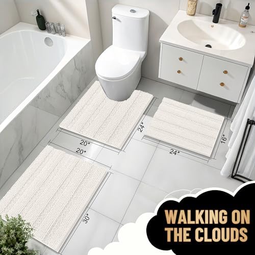 OLANLY Thick Bathroom Runner Rugs 47x24, Soft Chenille Bath Rugs, Ivory