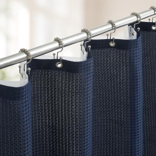 Shower Curtain and Liner Set, 3 in 1 Waffle Shower Curtain Set with 12 Double Sided Shower Curtain Hooks, Fabric Shower Curtains for Bathroom, Navy Blue, 72 x 72