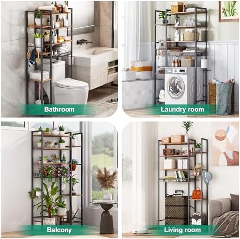 Kalrin 8-Tier Over The Toilet Storage with Side Rack, Over Toilet Storage Rack with Adjustable Shelf & Drain Basket, Freestanding Bathroom Organizer for Balcony, Laundry (Vintage Brown)