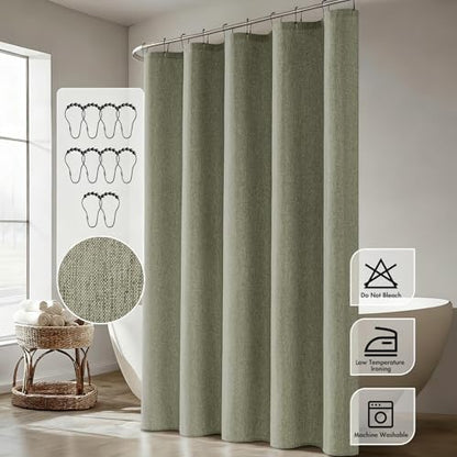ANRODUO Olive Green Linen Textured Fabric Shower Curtain Set - W60xL72