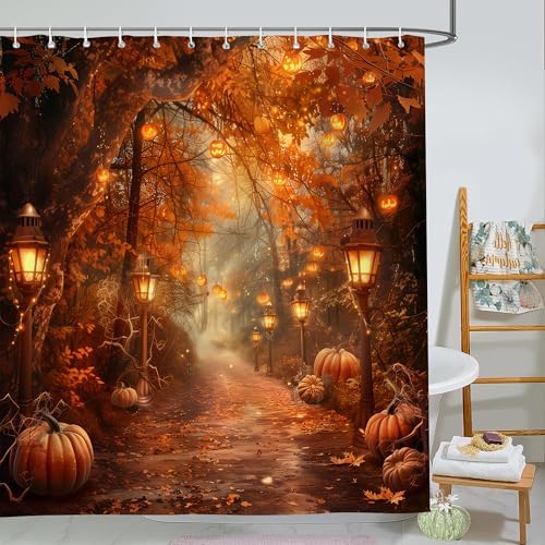 Fall Pumpkins Shower Curtain，Halloween Autumn Thanksgiving Harvest Forest Rural Trail Bathroom Decor，60 x 72 Inch Polyester Fabric Waterproof Bathroom Curtain with Hooks