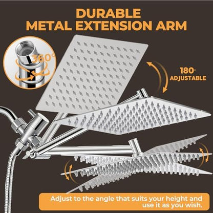 Shower Head,10”Rain Shower Head with Handheld Spray Combo with 11'' Angle Adjustable Extension Arm/Flow Regulator/Shower System,High Pressure Rainfall Shower Head Clean Bathroom,Matt Black