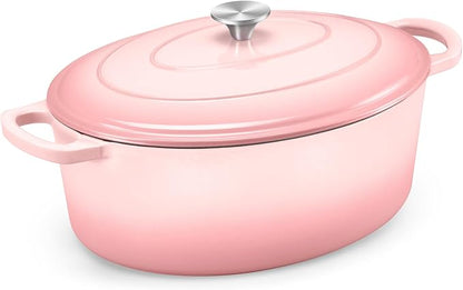 TeamFar 7QT Oval Dutch Oven, Enameled Cast Iron Dutch Oven Pot with Lid, For Bread Baking/Stewing/Braising/Frying, Suitable for Various Stoves, Non-stick & Easy Clean, Pink