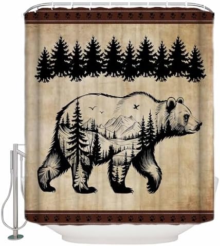 Shower Curtain Bathroom Set Bear Forest Mountains Animal Silhouette Waterproof Shower Curtains with Grommets Hooks Vintage Brown Gradient Privacy Bath Curtain for Bathtub Decor 36x72in