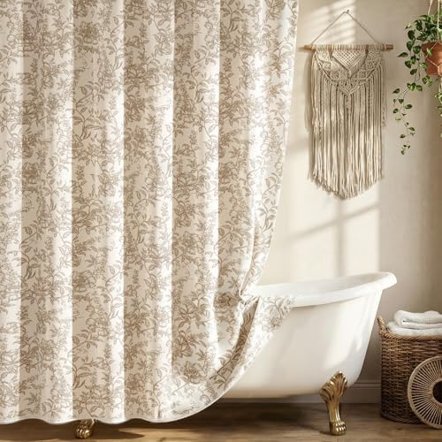 Farmhouse Beige Floral Shower Curtain with 12 Clear Rings 72"W x 72"L