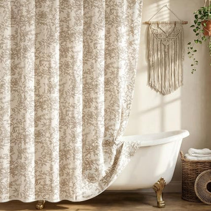 Farmhouse Beige Floral Shower Curtain with 12 Clear Rings 72"W x 72"L