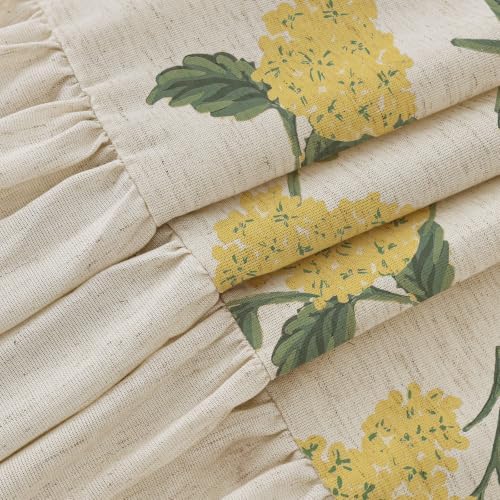 ORTIGIA Linen Textured Ruffle Shower Curtain with Metal Hooks, Vintage Yellow Hydrangea Floral Boho Waterproof Bath Curtain for Rustic Farmhouse Bathroom Decor 72x72 Inch