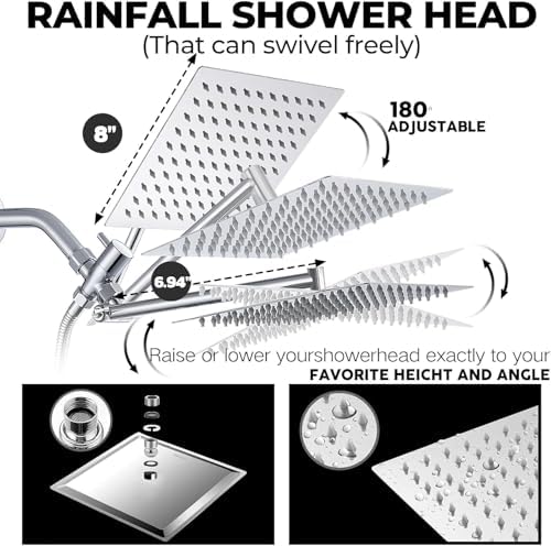 8 Inch Filtered Shower Head,Rain Shower Head with Handheld Spray Combo for Hard Water，Long Shower Hose