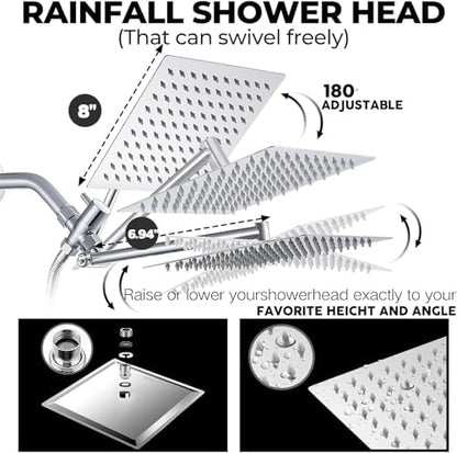 8 Inch Filtered Shower Head,Rain Shower Head with Handheld Spray Combo for Hard Water，Long Shower Hose