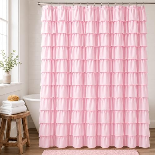 Pink Ruffle Shower Curtain for Master Bathroom, 72 x 84, Ruffled Layered