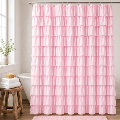 Pink Ruffle Shower Curtain for Master Bathroom, 72 x 84, Ruffled Layered