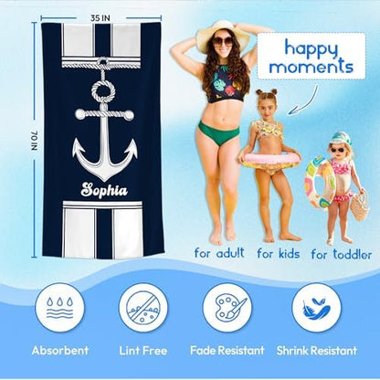 JML Personalized Beach Towel with Name, Custom Anchor Beach Towel, Customized Microfiber Pool Towel, Quick Dry & Absorbent Swim Towel for Adult,Anniversary, Birthday, Summer Holiday,Vacation