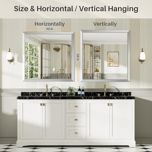 Briivue Bathroom Wall Mirror, Silver Brushed Nickel Metal Frame, 40x38 Inch