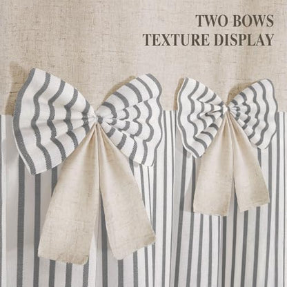 Farmhouse Shower Curtain Linen Bow Pleated Grey Stripe 72"W x 78"L