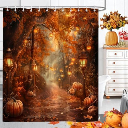 Fall Pumpkins Shower Curtain，Halloween Autumn Thanksgiving Harvest Forest Rural Trail Bathroom Decor，60 x 72 Inch Polyester Fabric Waterproof Bathroom Curtain with Hooks