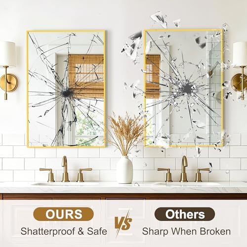 Rectangular Bathroom Mirror, 30"x20" Gold Metal Framed Vanity Mirror