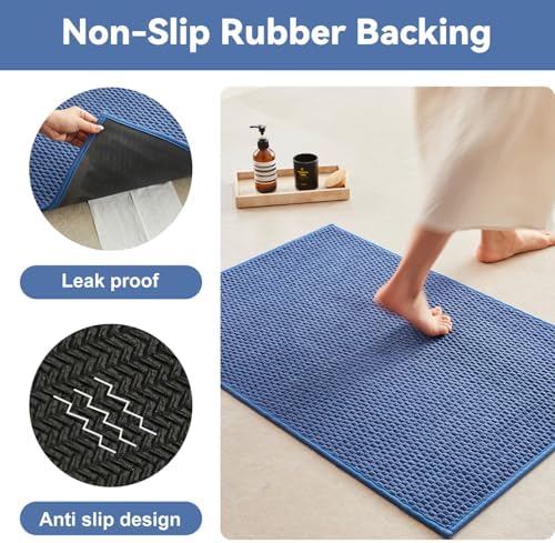 Triohero Bathroom Rugs Non Slip Washable, Super Absorbent Thin Bath Mat Quick Dry Low Pile Bathroom Rug, Denim Blue 24"x36"