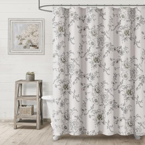 Farmhouse Floral Vintage Shower Curtain for Bathroom, Black and Tan Taupe