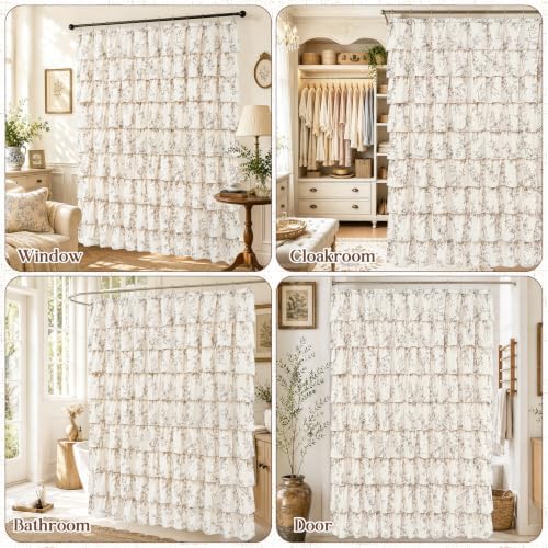 Long Farmhouse Floral Shower Curtain, Ruffle Bathroom Curtains, 72"Wx78"L