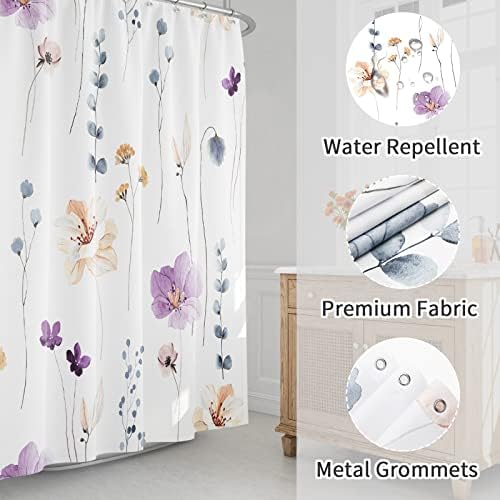 Gibelle Purple Beige Watercolor Floral Fabric Shower Curtain, 72x84