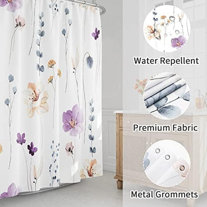 Gibelle Purple Beige Watercolor Floral Fabric Shower Curtain, 72x84