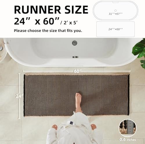 TYUU Waffle Runner Rug Bathroom, Long Boho Bath Mat, 60x24 Khaki & Black