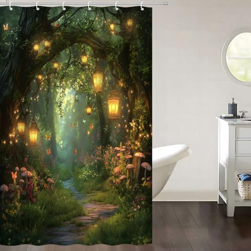 Fantasy Forest Shower Curtain Fairy Magical Enchanted Misty Jungle Mushroom Floral Tree Butterfly Lantern Wonderland Bath Curtain Fabric Bathroom Accessories Decor with Hooks 47W x63L