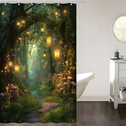Fantasy Forest Path Shower Curtain Fairy Magical Enchanted Misty Jungle Mushroom Floral Tree Butterfly Lantern Wonderland Plant Bath Curtain Fabric Bathroom Accessories Decor with Hooks 47W x70L