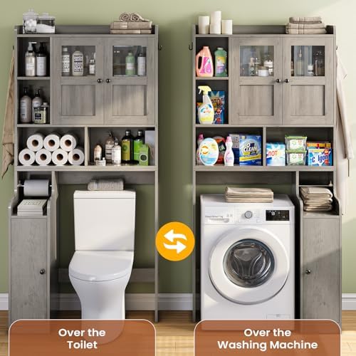 Itaar Over The Toilet Storage Cabinet, Over Toilet Bathroom Organizer with Glass Doors & Toilet Paper Holder Stand, Home Space-Saving Toilet Rack, for Bathroom, Restroom, Laundry, Grey