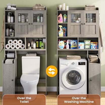 Itaar Over The Toilet Storage Cabinet, Over Toilet Bathroom Organizer with Glass Doors & Toilet Paper Holder Stand, Home Space-Saving Toilet Rack, for Bathroom, Restroom, Laundry, Grey
