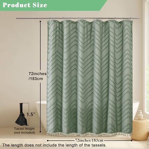 OWENIE Boho Shower Curtain, Sage Green Fabric Cloth Shower Curtains Farmhouse Tufted Chevron Striped Textured with Tassel for Bathroom, Soft Hotel Style Modern Minimalist, Machine Washable, 72x72