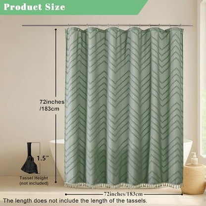 OWENIE Boho Shower Curtain, Sage Green Fabric Cloth Shower Curtains Farmhouse Tufted Chevron Striped Textured with Tassel for Bathroom, Soft Hotel Style Modern Minimalist, Machine Washable, 72x72