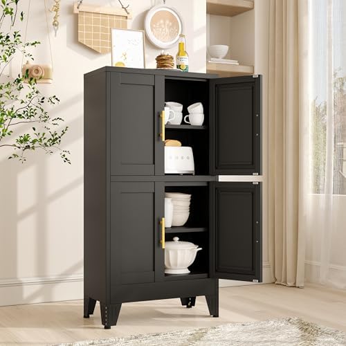 winiowa 47" Tall Kitchen Pantry Cabinet, Metal Storage Cabinet with Doors and Adjustable Shelves, Black Freestanding Pantry Cabinet for Kitchen, Dining Room, Living Room, Laundry Room, Bathroom