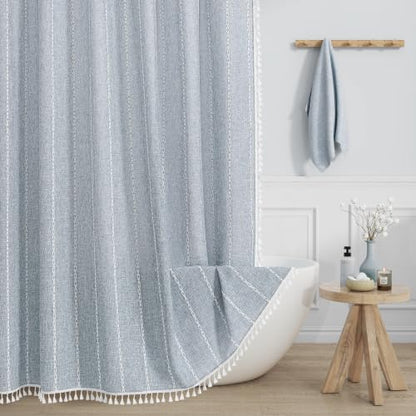 Boho Striped Tassel Linen Shower Curtain,3D Embroidery Stripe Blue,54x72