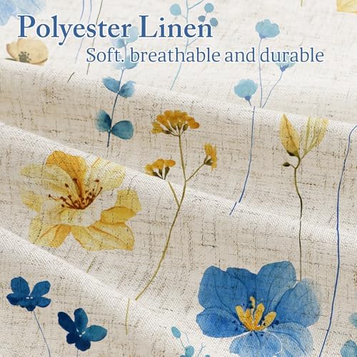 Gibelle BlueYellow Linen Watercolor Floral Fabric Shower Curtain, 72x72