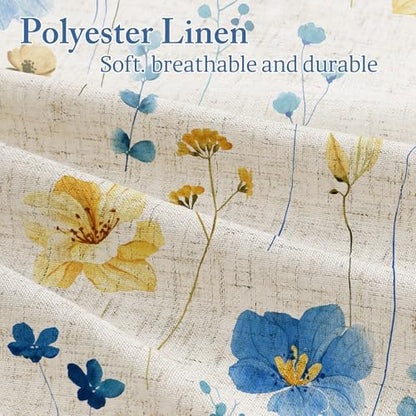 Gibelle BlueYellow Linen Watercolor Floral Fabric Shower Curtain, 72x72