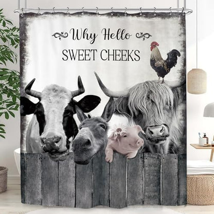 Farmhouse Animal Farm Funny Shower Curtain 72Wx72L Inch Bull Cow Pig Donkey Rustic Country Bathroom Set Accessories Decor Polyester Waterproof with 12 Pack Hooks