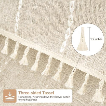 Seenus Boho Farmhouse Shower Curtain Heavyweight Extra Long 72 x 76 Inch, Beige Linen Textured Fabric Shower Curtain with Tassels, Cream Striped Elegant Bathroom Décor Curtain Water Repellent