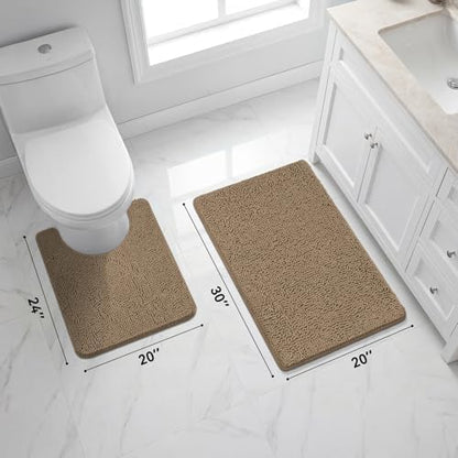 Bcoimo U Shaped Bath Rug Mat Set,2 Piece Chenille Tan Toilet Bathroom Rugs