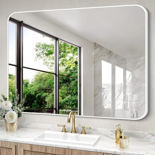 BONEWEI White Bathroom Mirror,55x36 inch Wall Mirror for Bathroom Wall Mounted,Rectangle Mirror for Bathroom Over Sink,Modern Frame Round Corner for Living Room,Bedroom Entryway,Horizontal/Vertical